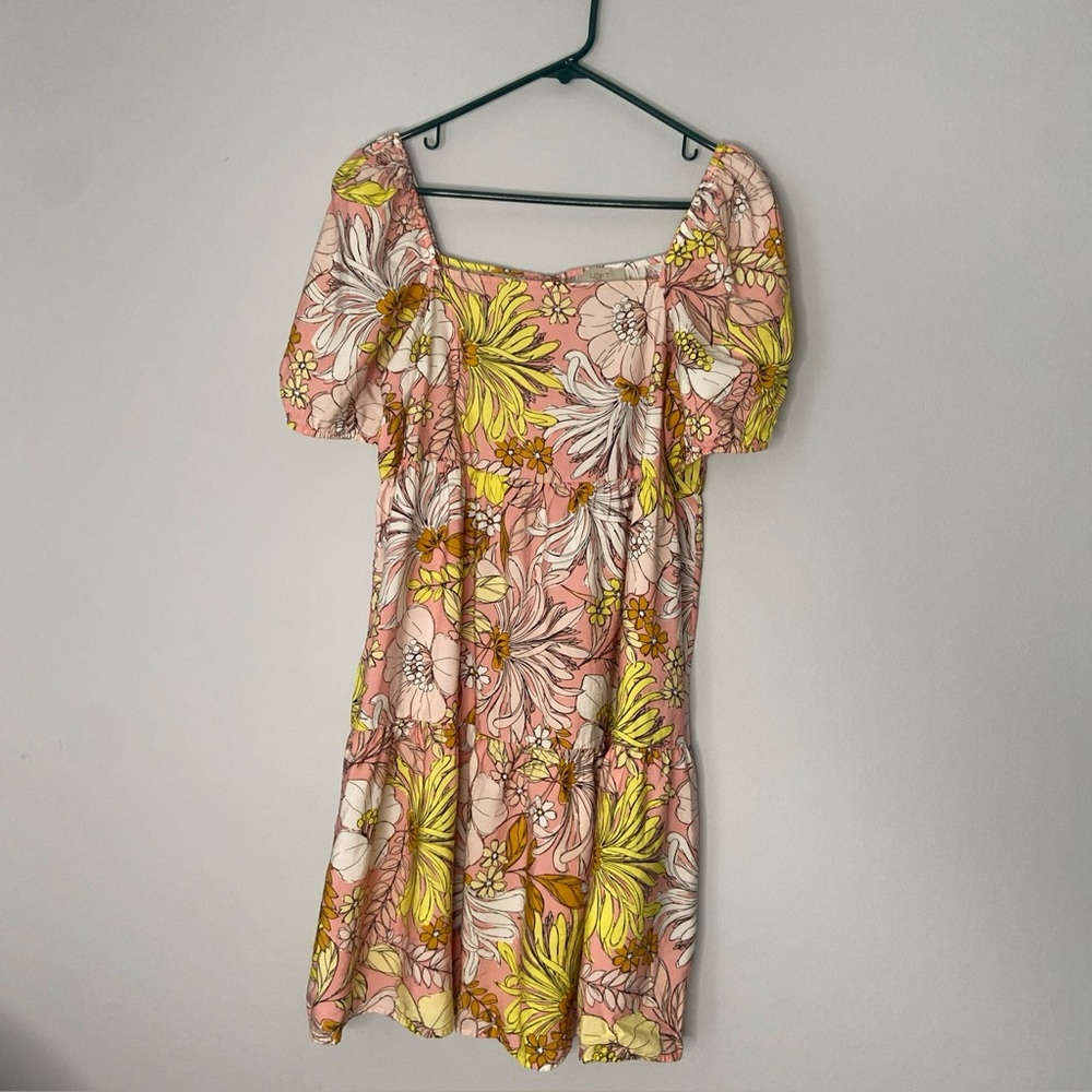 Women’s Short Sundress Loft Outlet Sz 8 Pink Yellow Floral Bubble Sleeve Resort